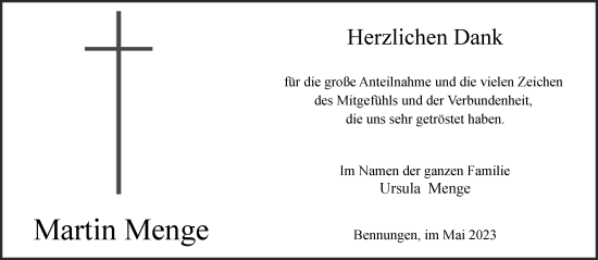 Traueranzeige von Martin Menge von Trauerkombi Sangerhausen