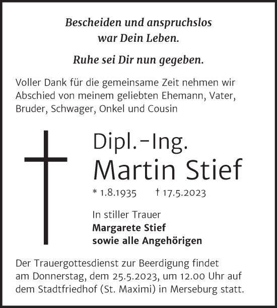 Traueranzeige von Martin Stief von Trauerkombi Merseburg