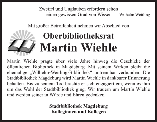 Traueranzeige von Martin Wiehle von Volksstimme Magdeburg