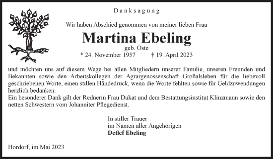 Traueranzeige von Martina Ebeling von Volksstimme Oschersleben/Wanzleben