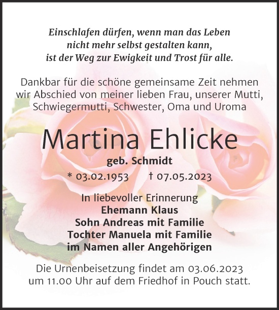 Traueranzeige von Martina Ehlicke von Trauerkombi Bitterfeld