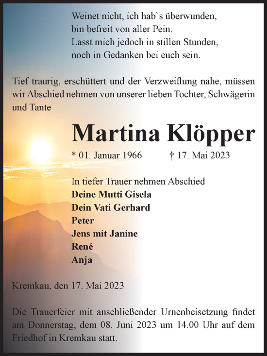 Traueranzeige von Martina Klöpper von Volksstimme Altmark West