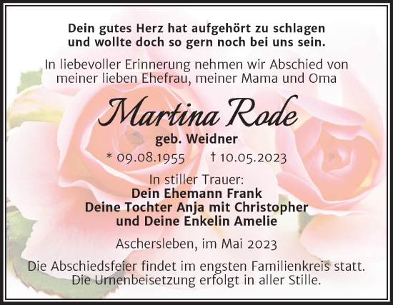 Traueranzeige von Martina Rode von Trauerkombi Aschersleben