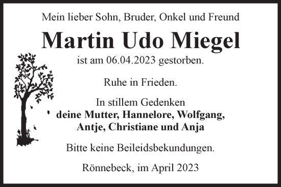 Traueranzeige von Martin Udo Miegel von Volksstimme Altmark Ost