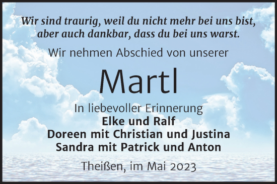 Traueranzeige von Martl  von Trauerkombi Zeitz