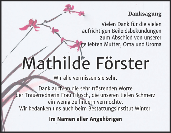 Traueranzeige von Mathilde Forster von Trauerkombi Bitterfeld