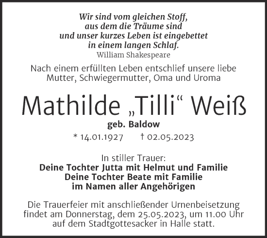 Traueranzeige von Mathilde Weiß von Mitteldeutsche Zeitung Halle/Saalkreis