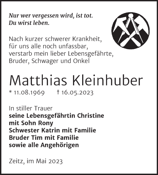 Traueranzeige von Matthias Kleinhuber von Trauerkombi Zeitz