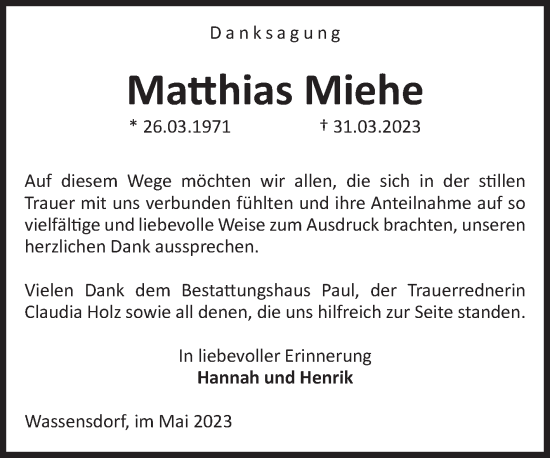Traueranzeige von Matthias Miehe von Volksstimme Altmark West