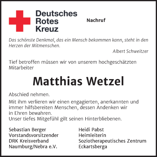 Traueranzeige von Matthias Wetzel von Naumburger Tageblatt