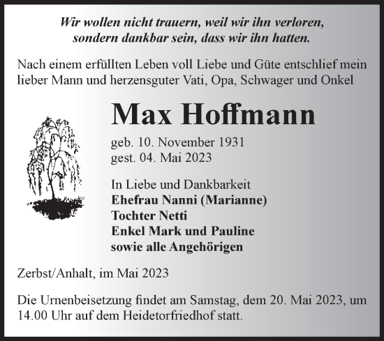 Traueranzeige von Max Hoffmann von Volksstimme Zerbst