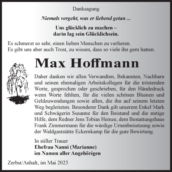 Traueranzeige von Max Hoffmann von Volksstimme Zerbst