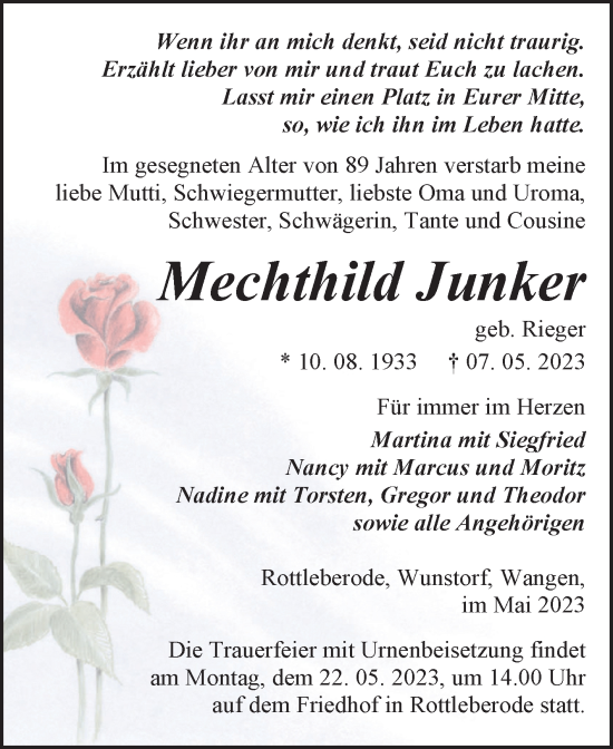 Traueranzeige von Mechthild Junker von Trauerkombi Sangerhausen