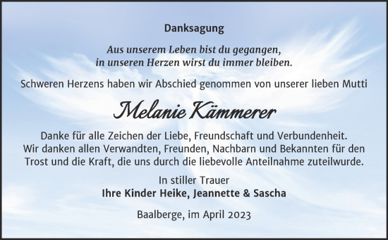 Traueranzeige von Melanie Kämmerer von Trauerkombi Bernburg