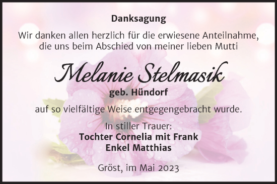 Traueranzeige von Melanie Stelmasik von Trauerkombi Merseburg