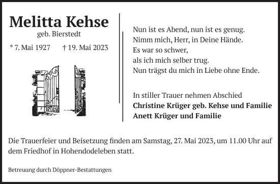 Traueranzeige von Melitta Kehse von Volksstimme Oschersleben/Wanzleben