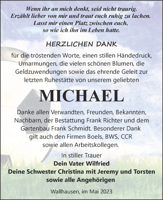 Traueranzeige von Michael  von Trauerkombi Sangerhausen