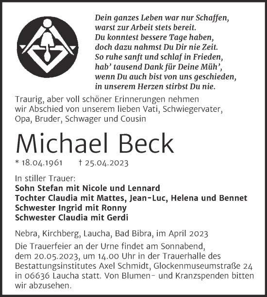 Traueranzeige von Michael Beck von Wochenspiegel Naumburg/Nebra