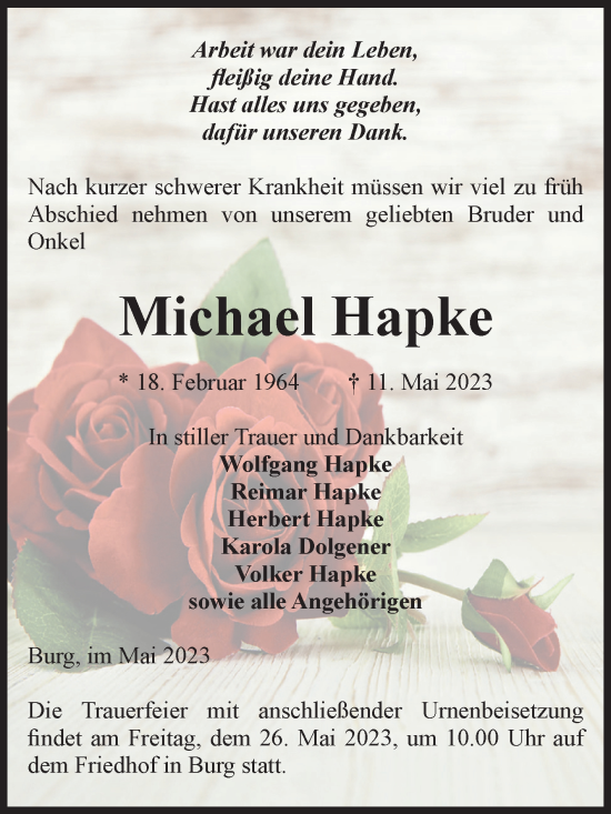 Traueranzeige von Michael Hapke von Volksstimme Burg/Genthin