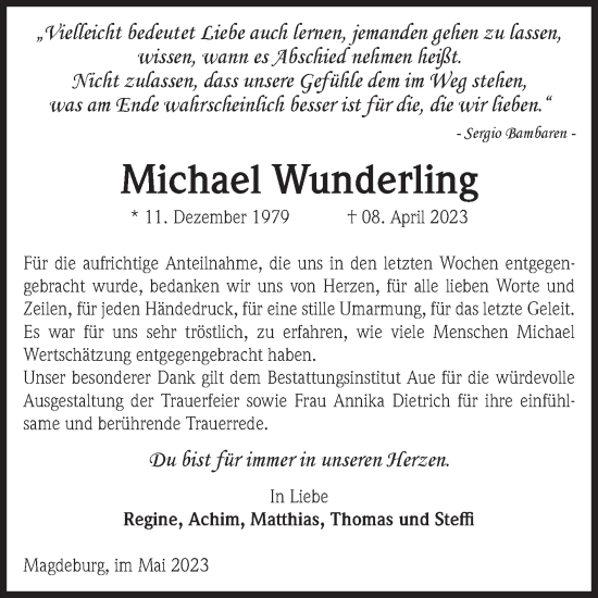 Traueranzeige von Michael Wunderling von Volksstimme Magdeburg