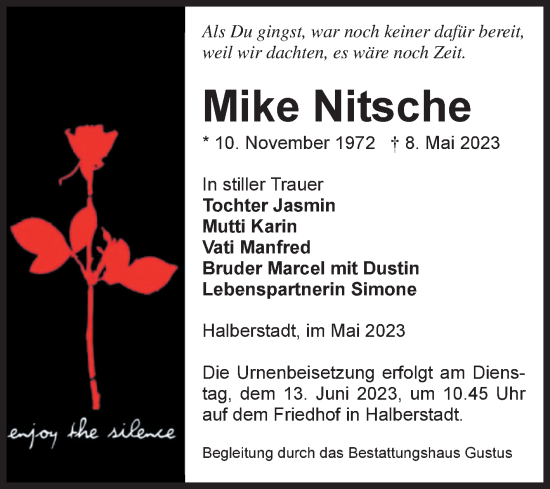 Traueranzeige von Mike Nitsche von Volksstimme Halberstadt