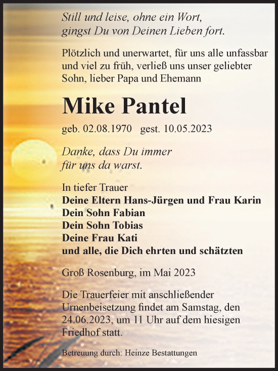 Traueranzeige von Mike Pantel von Volksstimme Schönebeck