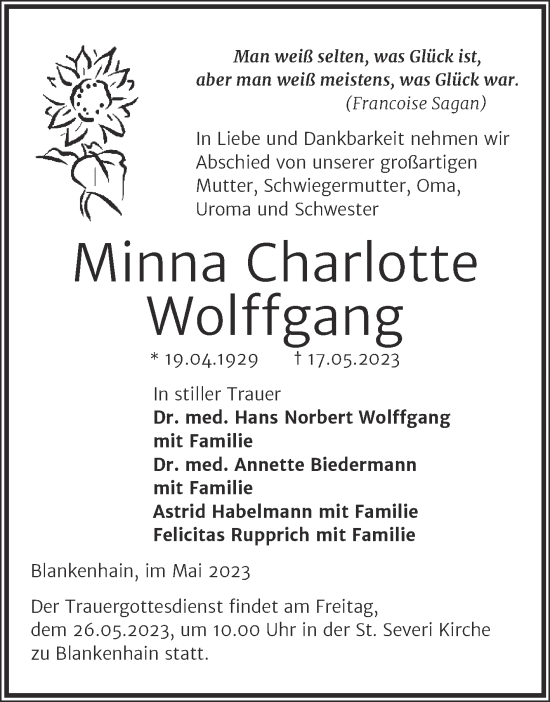 Traueranzeige von Minna Charlotte Wolffgang von Mitteldeutsche Zeitung Aschersleben