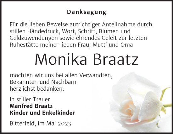 Traueranzeige von Monika Braatz von Trauerkombi Bitterfeld