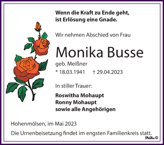 Traueranzeige von Monika Busse von Trauerkombi Weißenfels