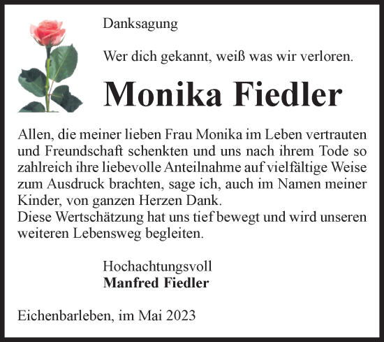 Traueranzeige von Monika Fiedler von Volksstimme Haldensleben/Wolmirstedt
