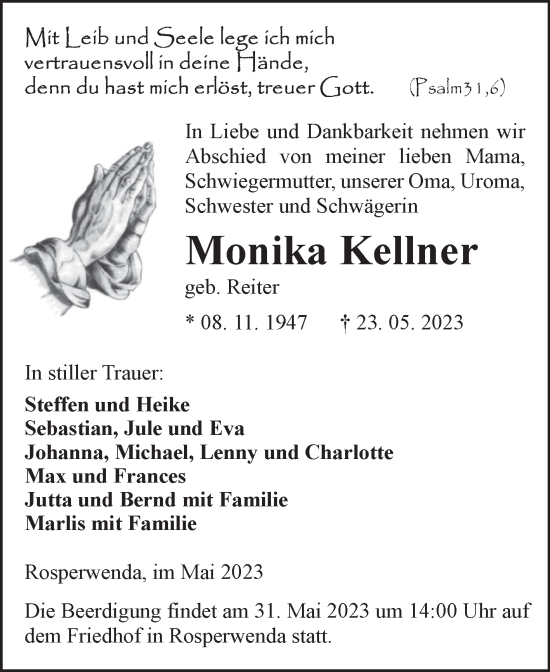 Traueranzeige von Monika Kellner von Mitteldeutsche Zeitung Sangerhausen