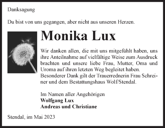 Traueranzeige von Monika Lux von Volksstimme Altmark Ost