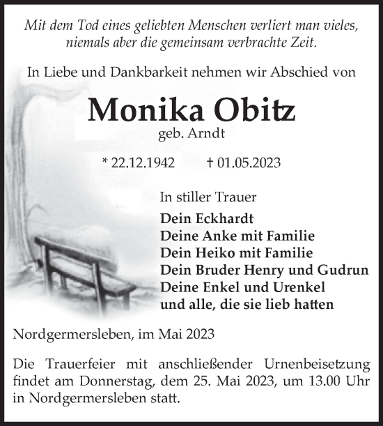 Traueranzeige von Monika Obitz von Volksstimme Haldensleben/Wolmirstedt