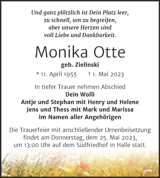 Traueranzeige von Monika Otte von Mitteldeutsche Zeitung Halle/Saalkreis