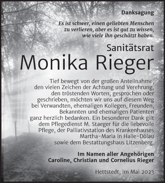 Traueranzeige von Monika Rieger von Trauerkombi Mansfelder Land