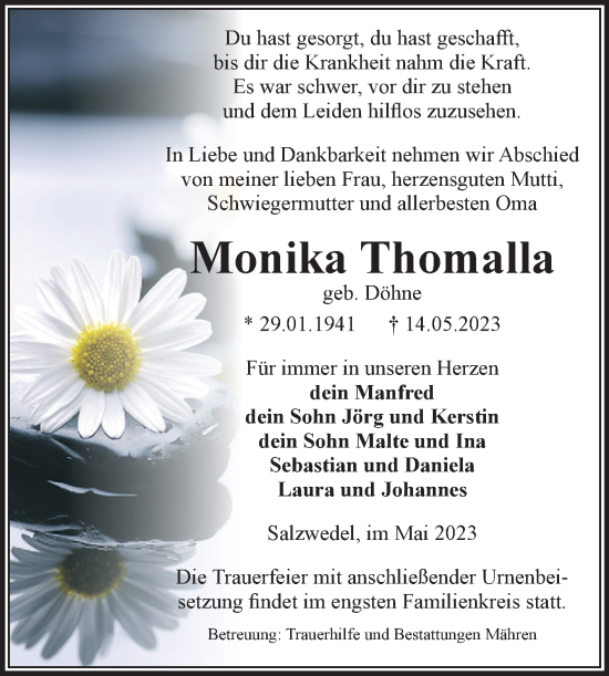 Traueranzeige von Monika Thomalla von Volksstimme Altmark West