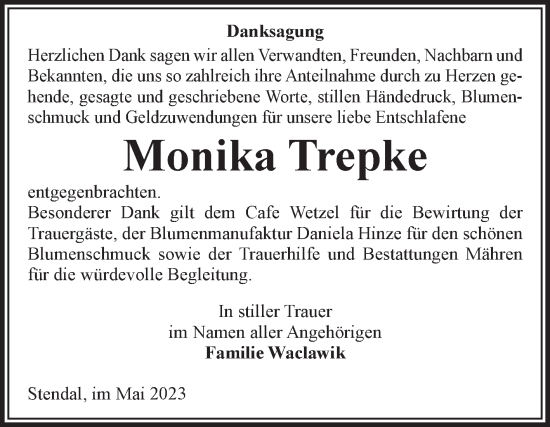 Traueranzeige von Monika Trepke von Volksstimme Altmark Ost