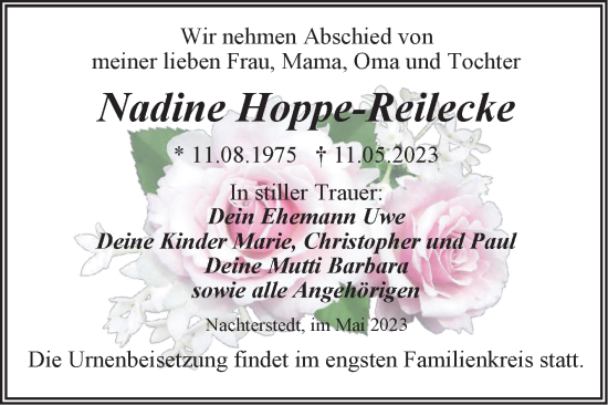 Traueranzeige von Nadine Hoppe-Reilecke von Trauerkombi Aschersleben