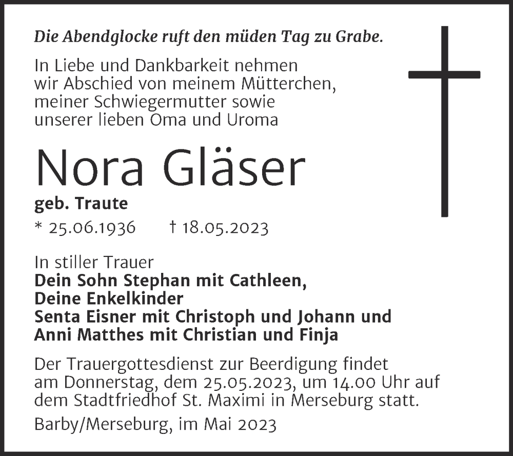  Traueranzeige für Nora Gläser vom 22.05.2023 aus Volksstimme Schönebeck