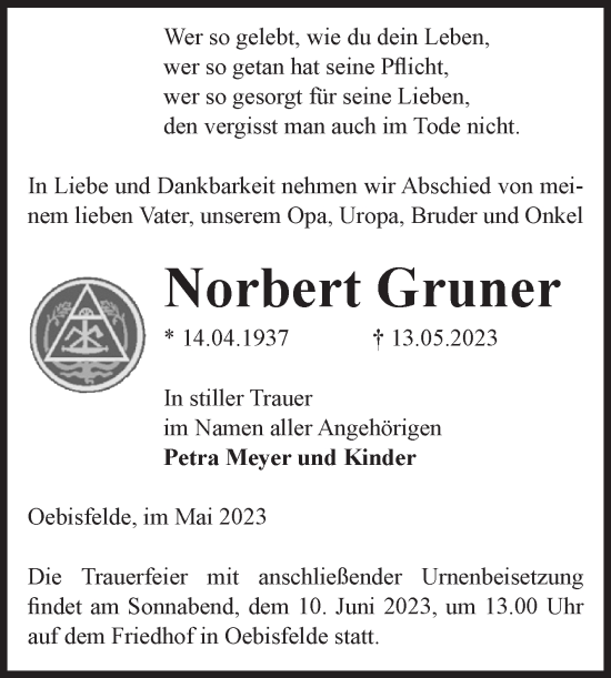 Traueranzeige von Norbert Gruner von Volksstimme Altmark West