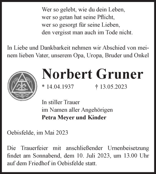 Traueranzeige von Norbert Gruner von Volksstimme Altmark West