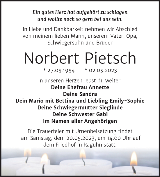 Traueranzeige von Norbert Pietsch von Trauerkombi Bitterfeld