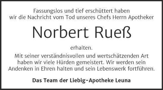 Traueranzeige von Norbert Rueß von Trauerkombi Merseburg
