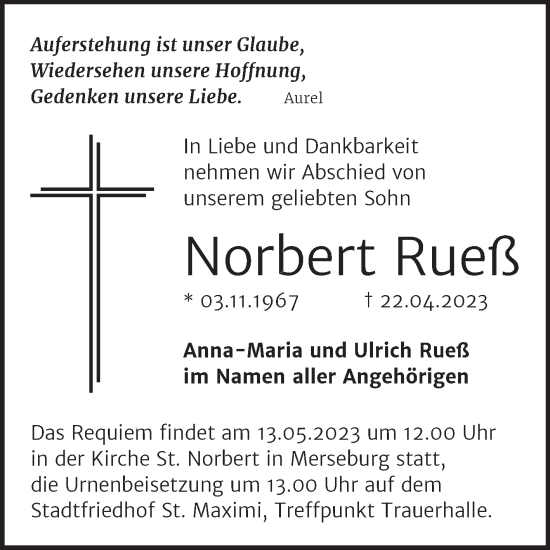 Traueranzeige von Norbert Rueß von Trauerkombi Merseburg