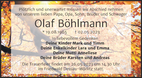 Traueranzeige von Olaf Böhlmann von Trauerkombi Dessau