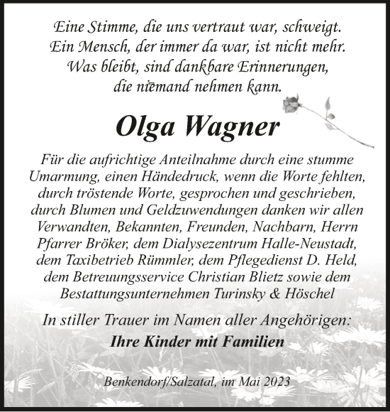Traueranzeige von Olga Wagner von Mitteldeutsche Zeitung Halle/Saalkreis