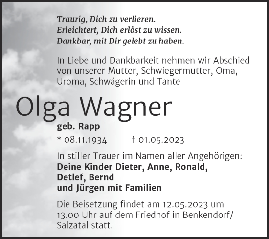 Traueranzeige von Olga Wagner von Mitteldeutsche Zeitung Halle/Saalkreis