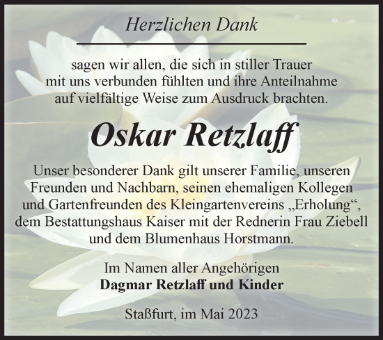 Traueranzeige von Oskar Retzlaff von Volksstimme Staßfurt