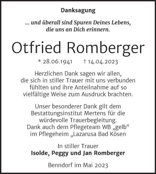 Traueranzeige von Otfried Romberger von Wochenspiegel Naumburg/Nebra