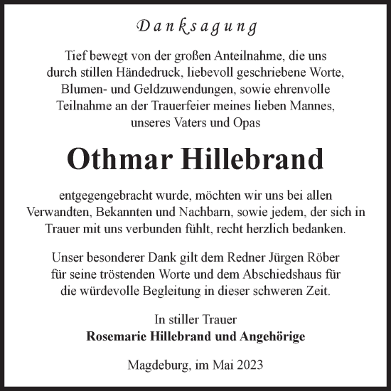 Traueranzeige von Othmar Hillebrand von Volksstimme Magdeburg